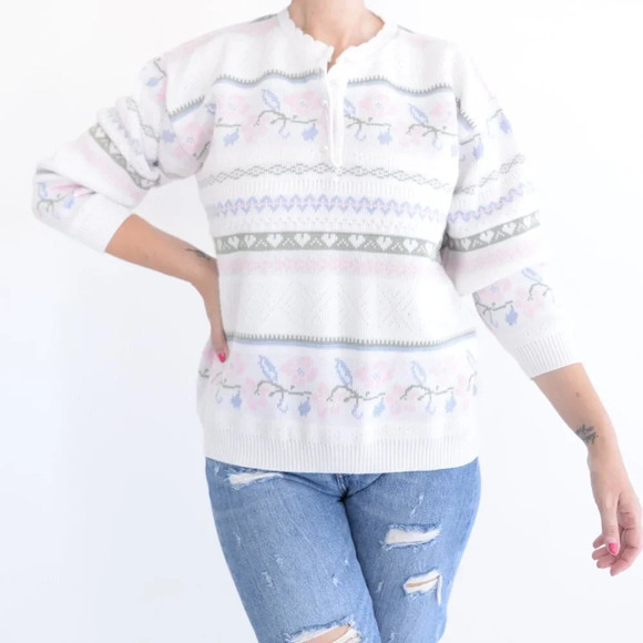 Vintage Grace Cream with Pink  Floral Half Button Down Sweater - Picture 1 of 13